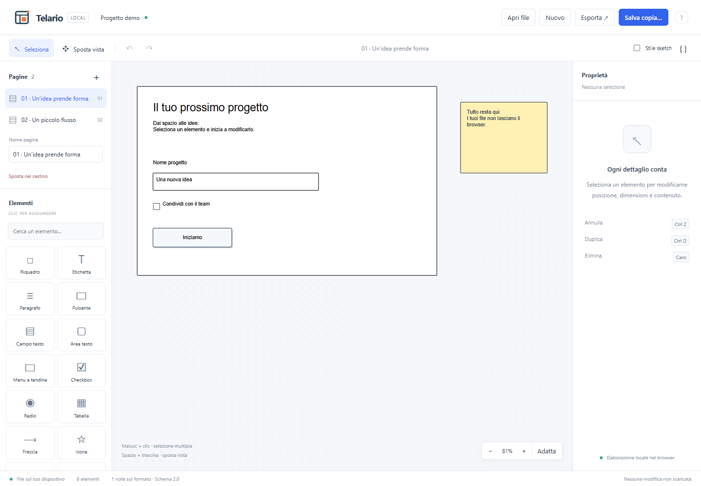 Editor Telario con la demo sintetica: pagine, canvas e pannello proprietà